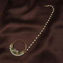 Etnico 18k Gold Plated Traditional Ethnic Bridal Nose Ring/Nath without piercing with Pearl Chain Encased with Pearl Stone for Women/Girls (NL41G)