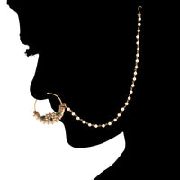 Etnico 18k Gold Plated Traditional Ethnic Bridal Nose Ring/Nath without piercing with Pearl Chain Encased with Pearl Stone for Women/Girls (NL41G)
