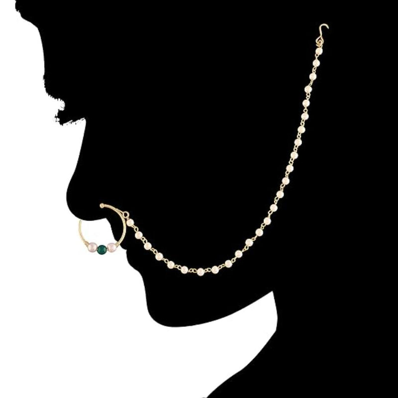 Etnico 18k Gold Plated Traditional Ethnic Bridal Nose Ring/Nath without piercing with Pearl Chain Encased with Pearl Stone for Women/Girls (NL43G)