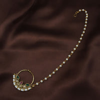 Etnico 18k Gold Plated Traditional Ethnic Bridal Nose Ring/Nath without piercing with Pearl Chain Encased with Pearl Stone for Women/Girls (NL47QG)