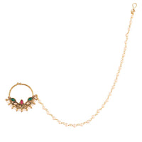 Etnico 18k Gold Plated Traditional Ethnic Bridal Nose Ring/Nath without piercing with Pearl Chain Encased with Pearl Stone for Women/Girls (NL47QG)