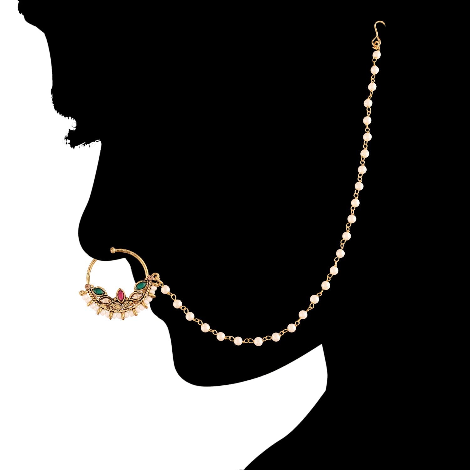 Etnico 18k Gold Plated Traditional Ethnic Bridal Nose Ring/Nath without piercing with Pearl Chain Encased with Pearl Stone for Women/Girls (NL47QG)