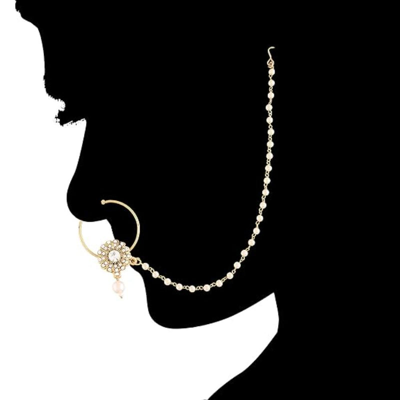 Etnico 18k Gold Plated Traditional Ethnic Bridal Nose Ring/Nath without piercing with Pearl Chain Encased with Pearl Stone for Women/Girls (NL49W)