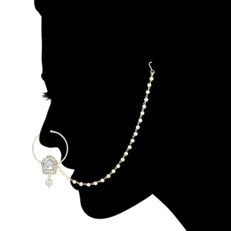 Etnico Gold Plated Traditional Ethnic Bridal Nose Ring/Nath Without Piercing with Pearl Chain Encased with Pearl Stone for Women/Girls (NL61W)