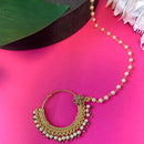Etnico Gold Plated Traditional Ethnic Bridal Nose Ring/Nath Without Piercing with Pearl Chain Encased with Pearl Stone for Women/Girls (NL64FL)