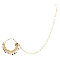 Etnico Gold Plated Traditional Ethnic Bridal Nose Ring/Nath Without Piercing with Pearl Chain Encased with Pearl Stone for Women/Girls (NL64FL)