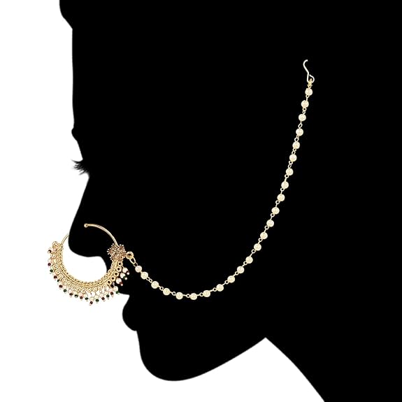 Etnico Gold Plated Traditional Ethnic Bridal Nose Ring/Nath Without Piercing with Pearl Chain Encased with Pearl Stone for Women/Girls (NL64FL)