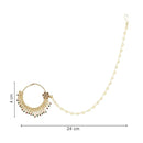 Etnico Gold Plated Traditional Ethnic Bridal Nose Ring/Nath Without Piercing with Pearl Chain Encased with Pearl Stone for Women/Girls (NL64FL)