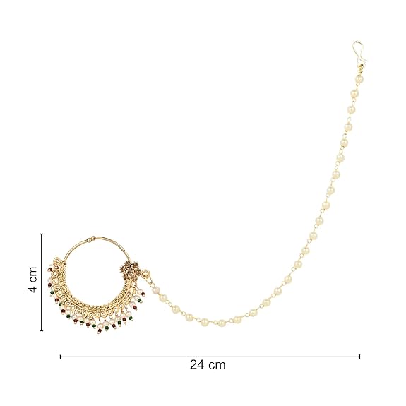 Etnico Gold Plated Traditional Ethnic Bridal Nose Ring/Nath Without Piercing with Pearl Chain Encased with Pearl Stone for Women/Girls (NL64FL)
