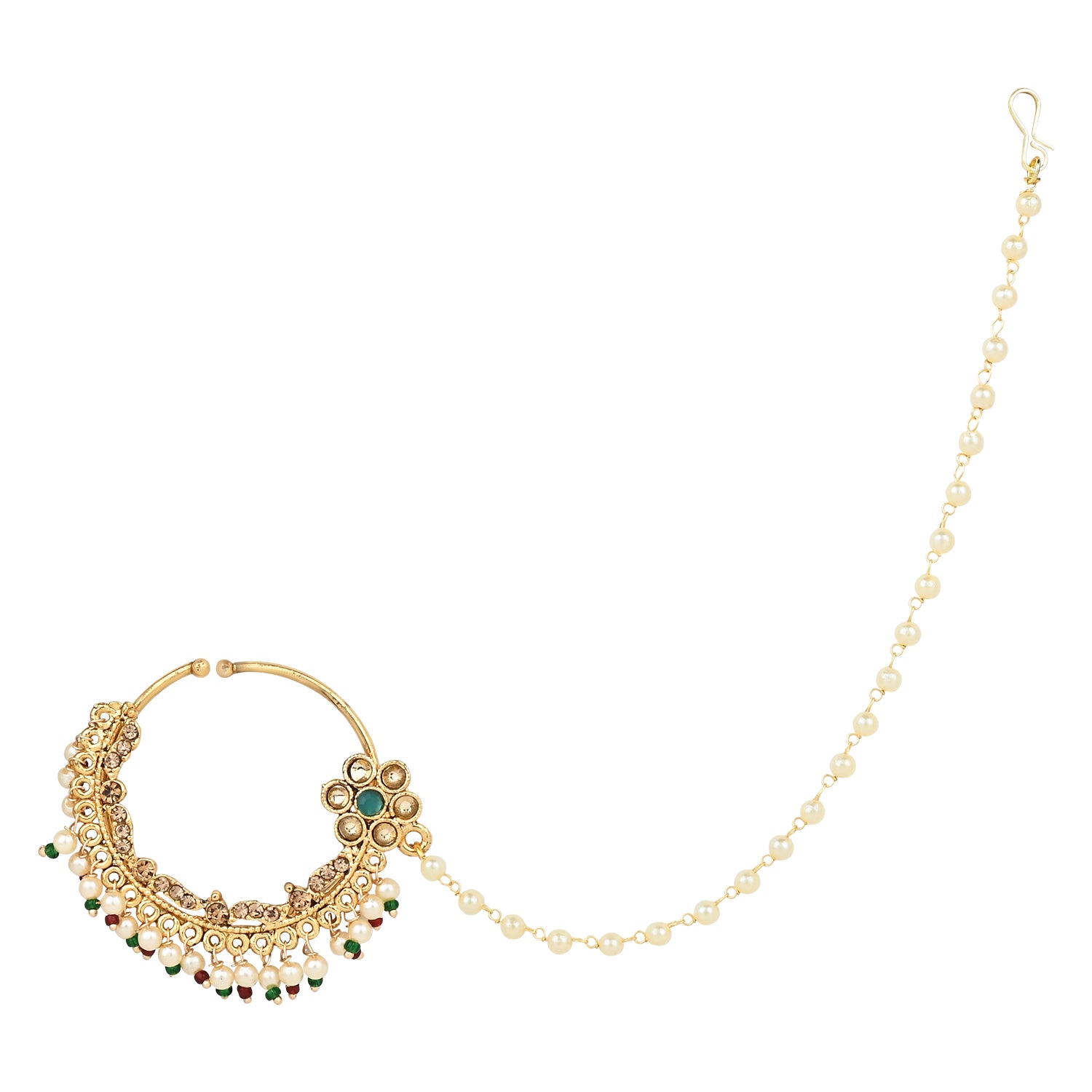 Etnico Gold Plated Traditional Ethnic Bridal Nose Ring/Nath Without Piercing with Pearl Chain Encased with Pearl Stone for Women/Girls (NL65G)