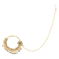 Etnico Gold Plated Traditional Ethnic Bridal Nose Ring/Nath Without Piercing with Pearl Chain Encased with Pearl Stone for Women/Girls (NL65G)