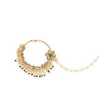Etnico Gold Plated Traditional Ethnic Bridal Nose Ring/Nath Without Piercing with Pearl Chain Encased with Pearl Stone for Women/Girls (NL65G)