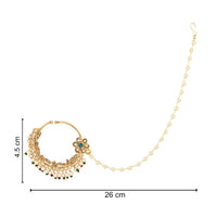 Etnico Gold Plated Traditional Ethnic Bridal Nose Ring/Nath Without Piercing with Pearl Chain Encased with Pearl Stone for Women/Girls (NL65G)