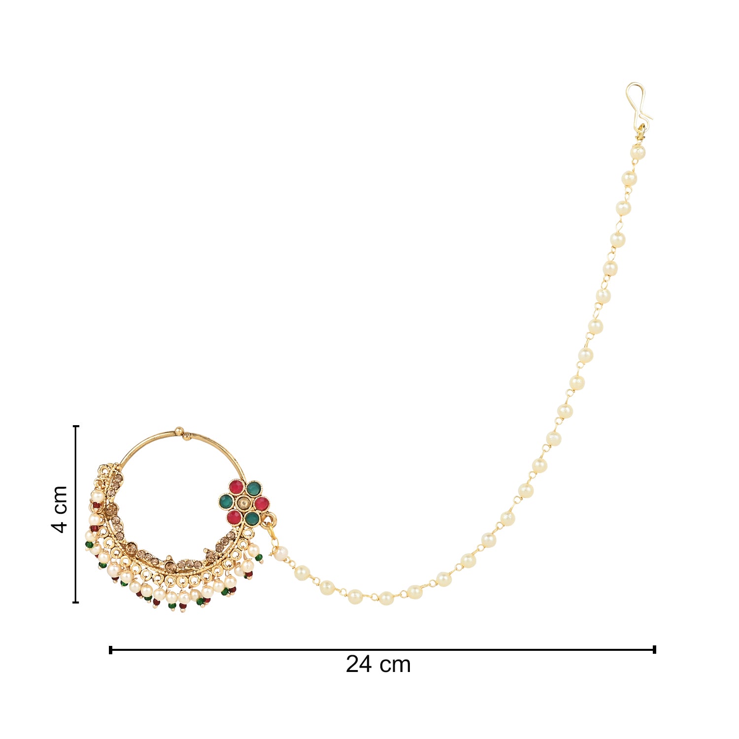 Etnico Gold Plated Traditional Ethnic Bridal Nose Ring/Nath Without Piercing with Pearl Chain Encased with Pearl Stone for Women/Girls (NL65MG)