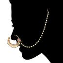 Etnico Gold Plated Traditional Ethnic Bridal Nose Ring/Nath Without Piercing with Pearl Chain Encased with Pearl Stone for Women/Girls (NL65MG)