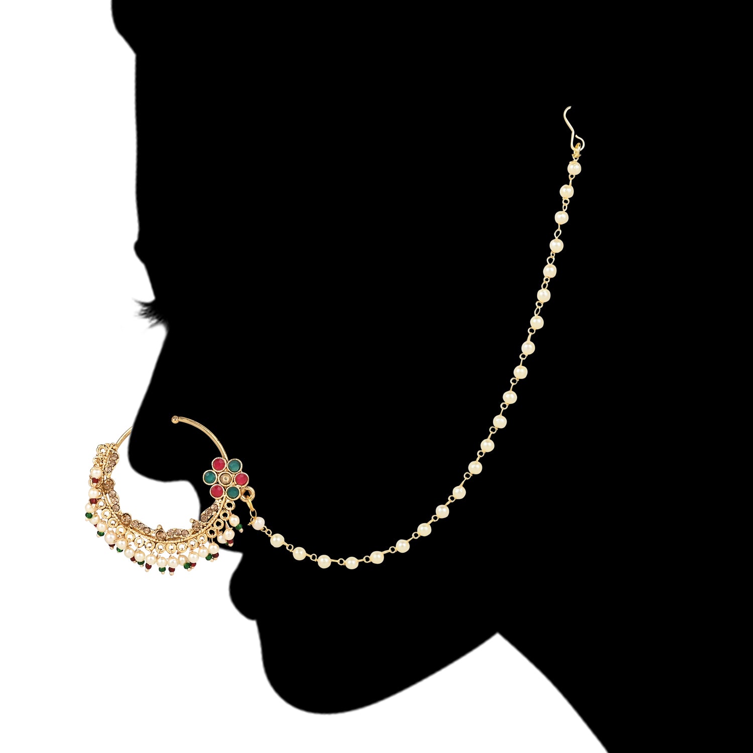 Etnico Gold Plated Traditional Ethnic Bridal Nose Ring/Nath Without Piercing with Pearl Chain Encased with Pearl Stone for Women/Girls (NL65MG)