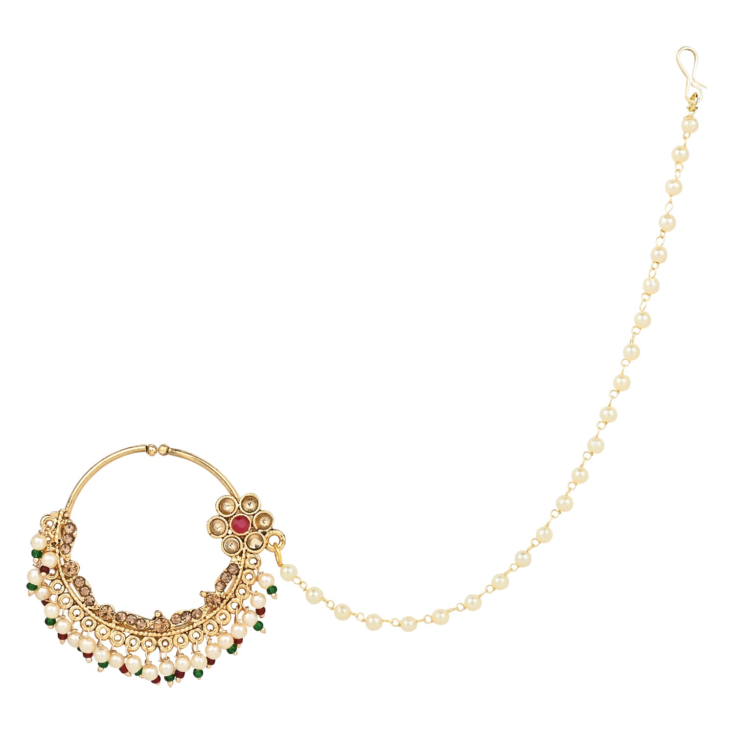 Etnico Gold Plated Traditional Ethnic Bridal Nose Ring/Nath Without Piercing with Pearl Chain Encased with Pearl Stone for Women/Girls (NL65M)