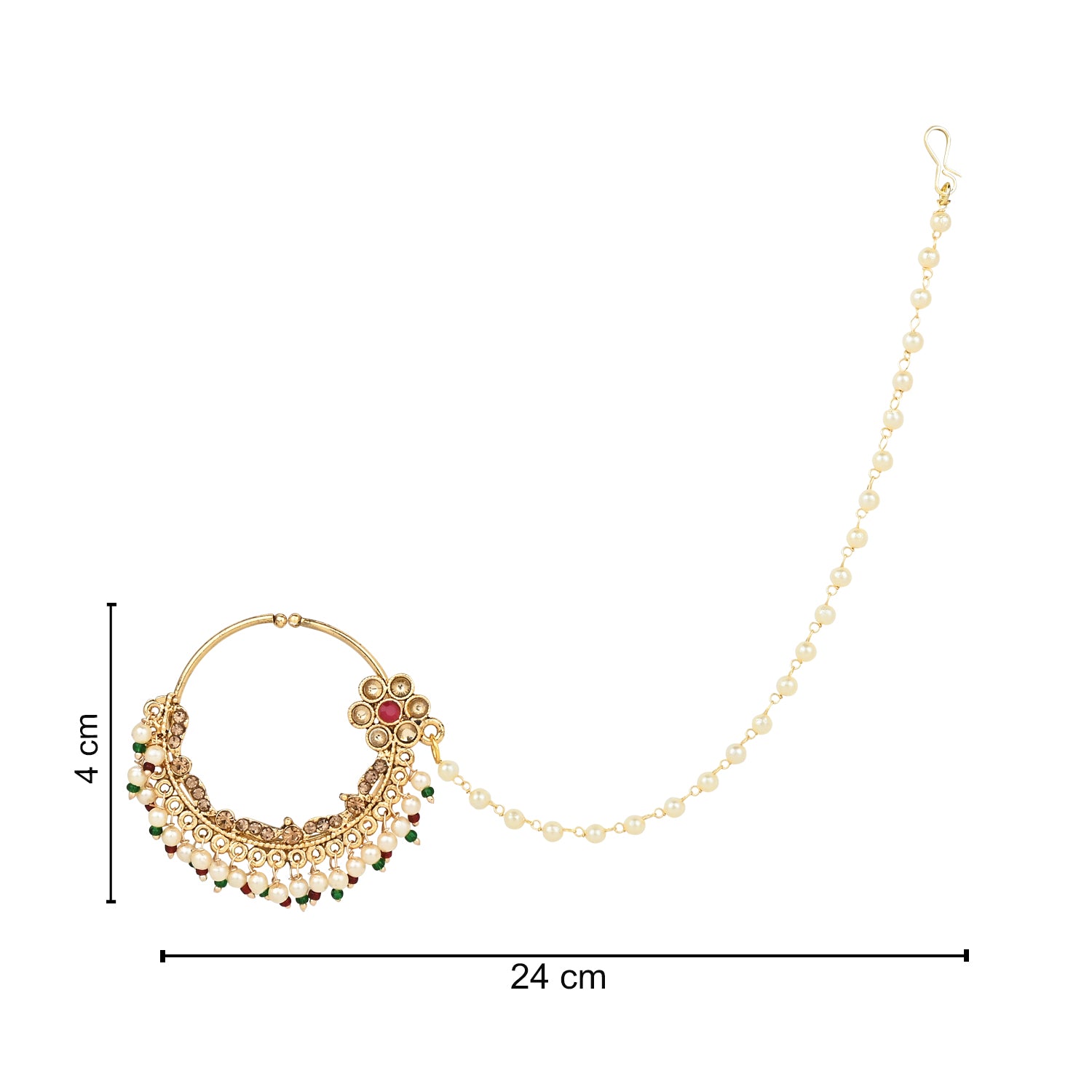 Etnico Gold Plated Traditional Ethnic Bridal Nose Ring/Nath Without Piercing with Pearl Chain Encased with Pearl Stone for Women/Girls (NL65M)
