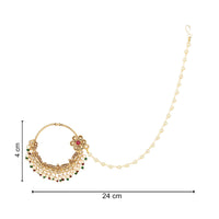 Etnico Gold Plated Traditional Ethnic Bridal Nose Ring/Nath Without Piercing with Pearl Chain Encased with Pearl Stone for Women/Girls (NL65M)