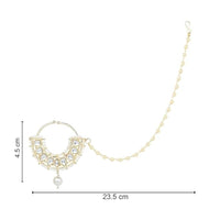 Etnico Gold Plated Traditional Ethnic Bridal Nose Ring/Nath Without Piercing with Pearl Chain Encased with Pearl Stone for Women/Girls (NL67W)