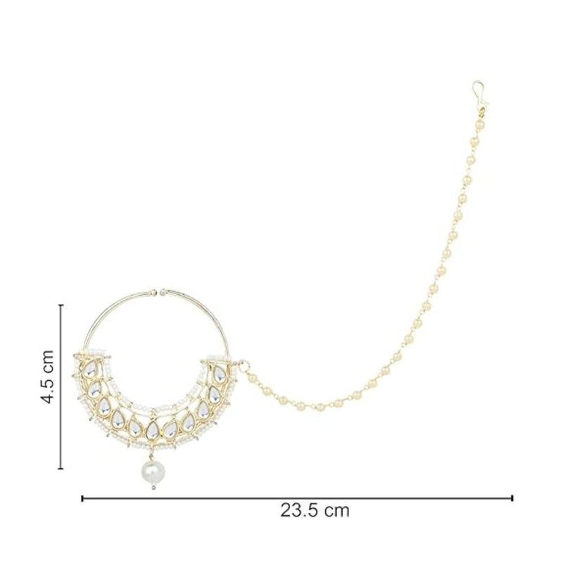 Etnico Gold Plated Traditional Ethnic Bridal Nose Ring/Nath Without Piercing with Pearl Chain Encased with Pearl Stone for Women/Girls (NL62-8) (Style 1)