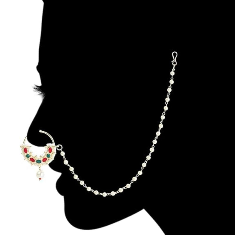 Etnico Gold Plated Traditional Ethnic Bridal Nose Ring/Nath Without Piercing with Pearl Chain Encased with Pearl Stone for Women/Girls (NL72MG)