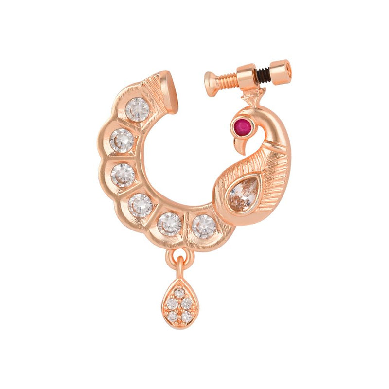 Etnico Rose Gold Plated Traditional Peacock Design CZ American Diamond Non-Piercing Screw Press Nose Pin/Nath Clip on For Women (NL74RG)