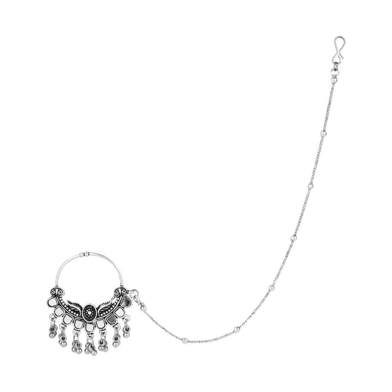 Etnico Silver Oxidised Ethnic Nose Ring/Nath Non piercing Ghungroo with Chain For Woman (NL82OX)