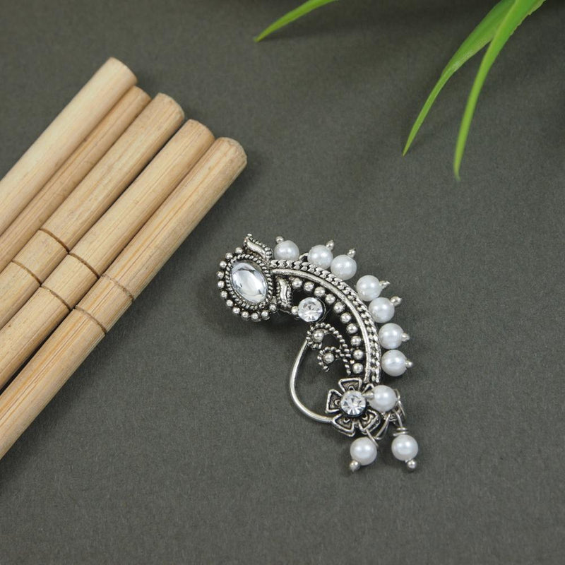 Etnico Silver Plated Traditional Maharashtrian Non Piercing White Pearl Nath, Nose Pin For Women (NL87OX)