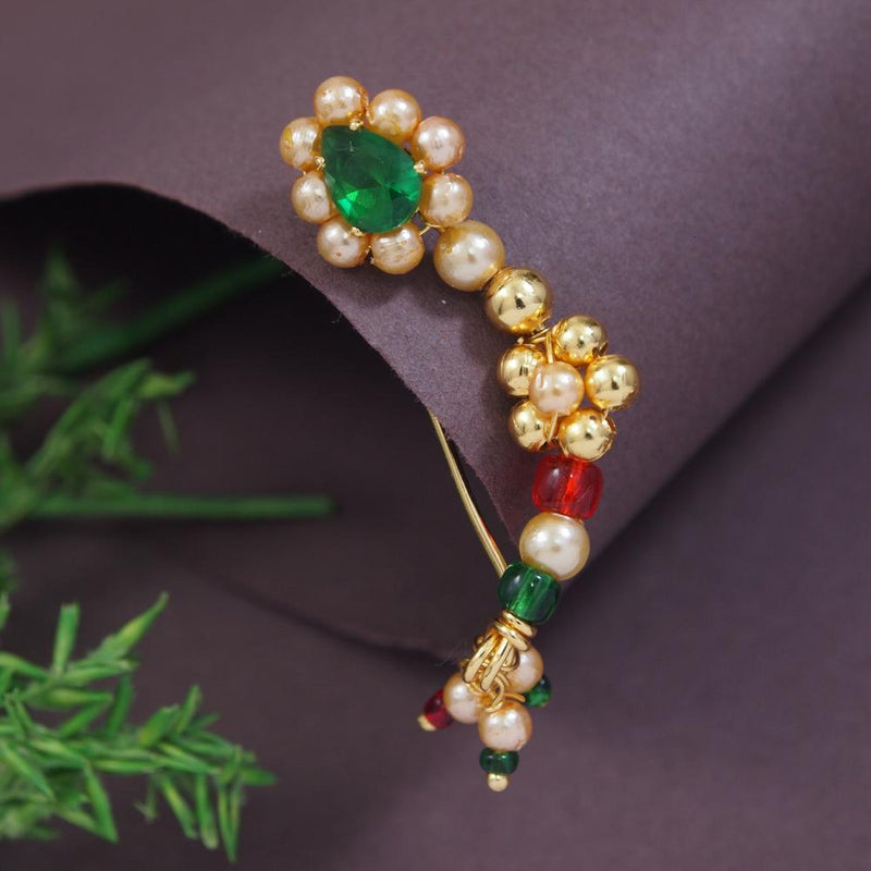 Etnico Maharashtrian Ethnic Gold-Plated Non Piercing White Pearl Nath Clip-On Nose Pin for Women (NL92QG)