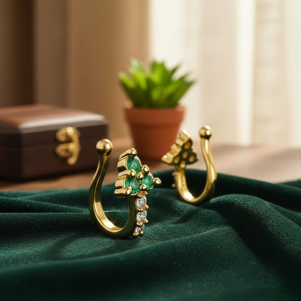 Mahi Gold Tone Green & White Crystals Non-Piercing Triangular Cluster Hoop Adjustable Nose Ring for Women (NR1100174GGre)