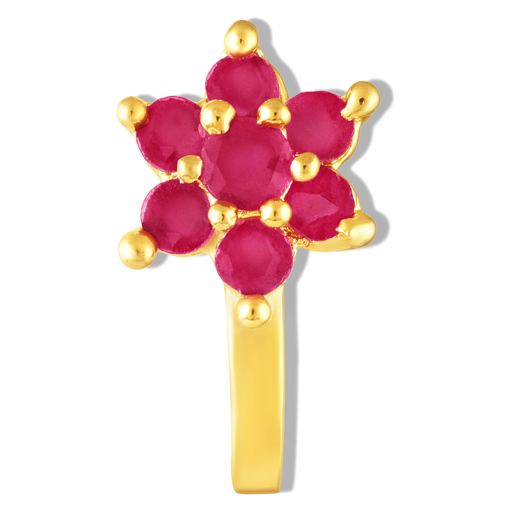 Mahi Gold Plated Red Ruby Non-Piercing Floral Cluster Adjustable Nose Ring | U-Shape Nath Style for Women (NR1100175GRed)
