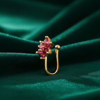Mahi Gold Plated Red Ruby Non-Piercing Floral Cluster Adjustable Nose Ring | U-Shape Nath Style for Women (NR1100175GRed)