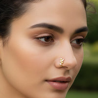 Mahi Gold Plated White Crystals Leaf Shaped Designer Non-Piercing Nose Ring | Vine Nose Pin for Women (NR1100176GWhi)