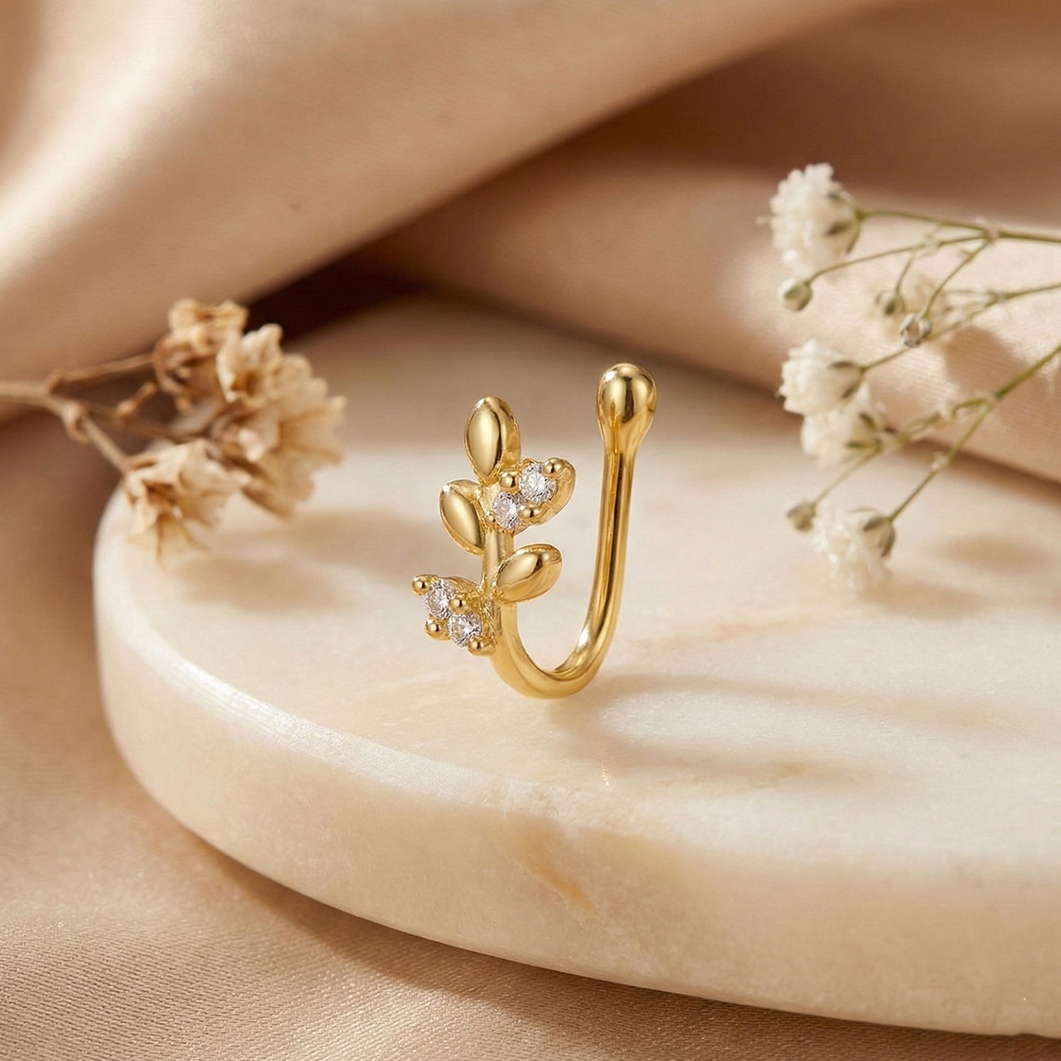 Mahi Gold Plated White Crystals Leaf Shaped Designer Non-Piercing Nose Ring | Vine Nose Pin for Women (NR1100176GWhi)