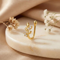 Mahi Gold Plated White Crystals Leaf Shaped Designer Non-Piercing Nose Ring | Vine Nose Pin for Women (NR1100176GWhi)