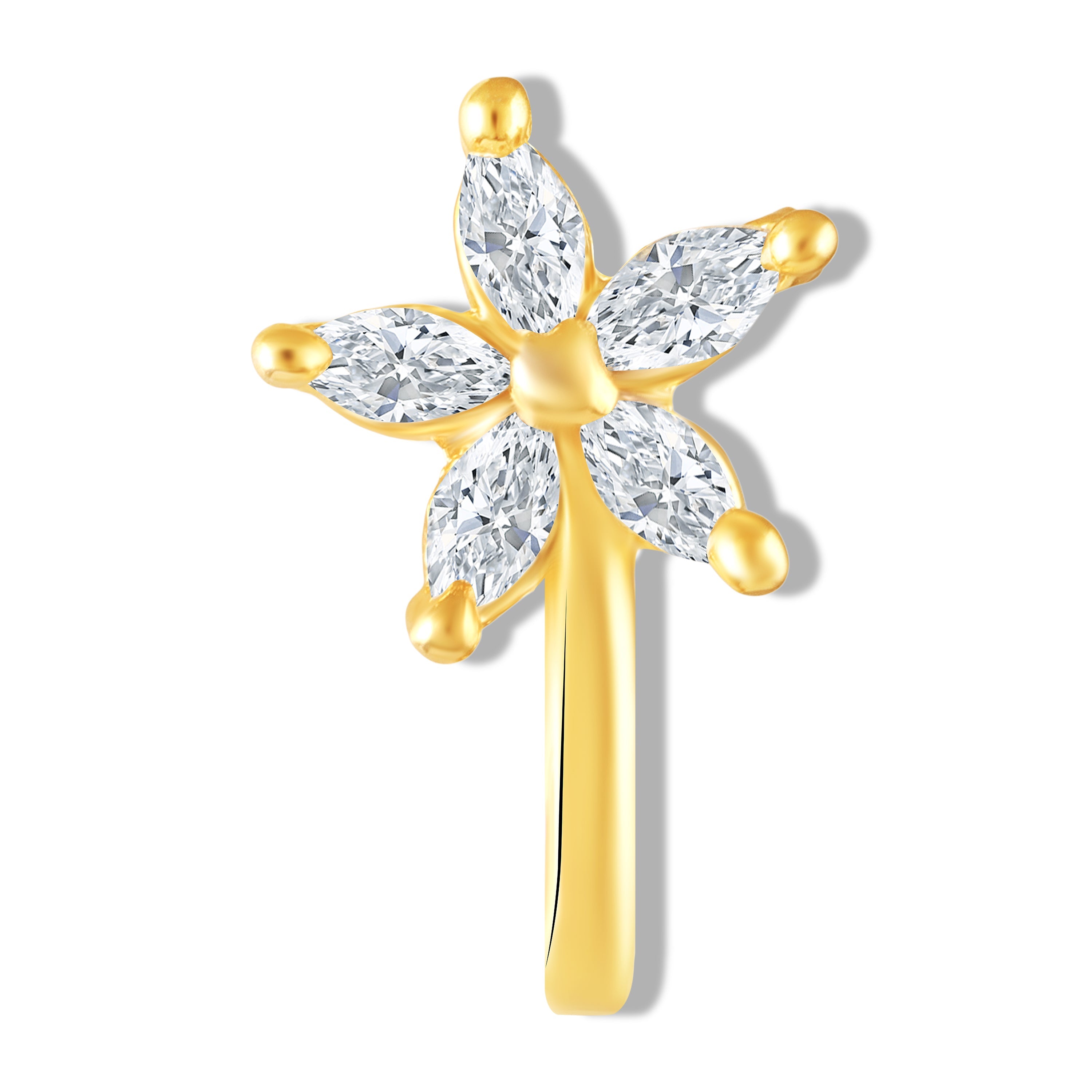 Mahi Floral Crystals Studded Non-Piercing Adjustable 5-Petal Flower Design Nose Ring | Lightweight Floral Nose Pin for Women (NR1100178GWhi)