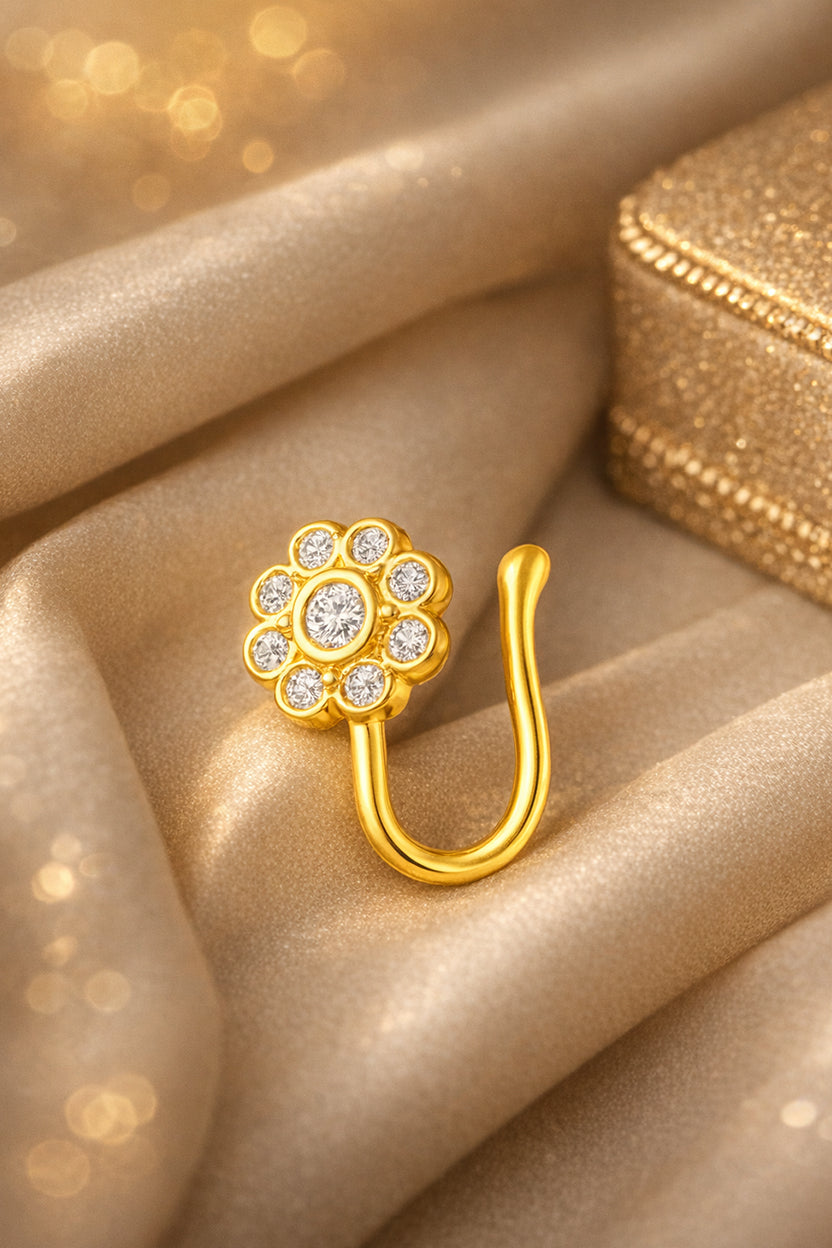 Mahi Floral Sparkling Crystals Gold-Tone Non Pierced Nose Ring (Nose Pin) for Women & Girls (NR1100180GWhi)