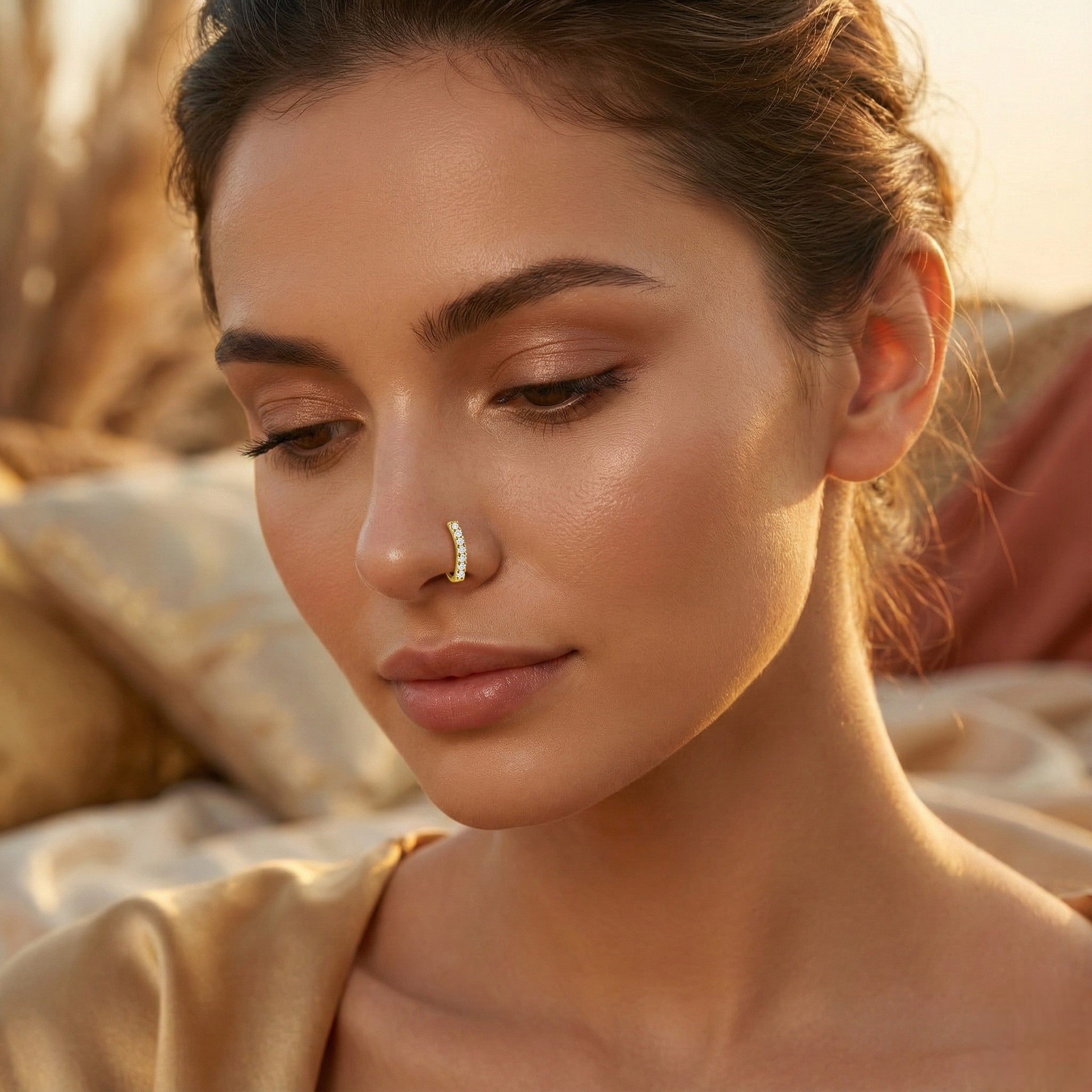 Mahi Floral Sparkling Crystals Gold-Tone Non Pierced Nose Ring (Nose Pin) for Women & Girls (NR1100183GWhi)