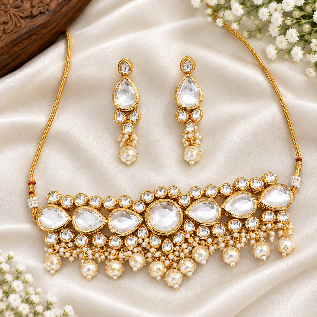 Js Fashion  Fancy Design High Gold Polish Beautiful Kundan Stones Kundan Choker Style Necklace Set
