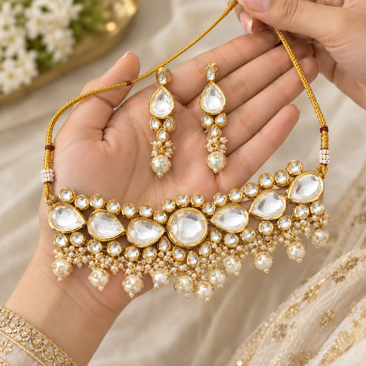 Js Fashion  Fancy Design High Gold Polish Beautiful Kundan Stones Kundan Choker Style Necklace Set