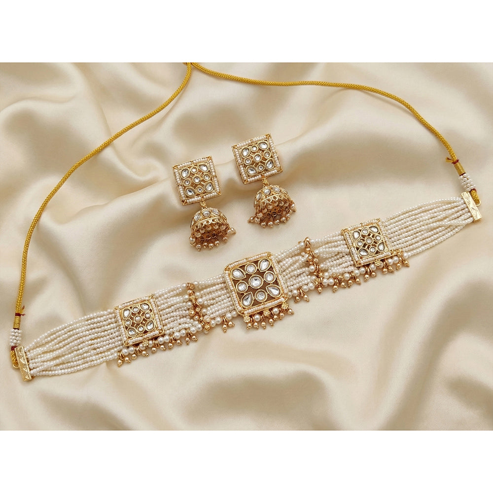 Js Fashion Stunning High Gold Kundan Stone And Pearl Choker Necklace Set