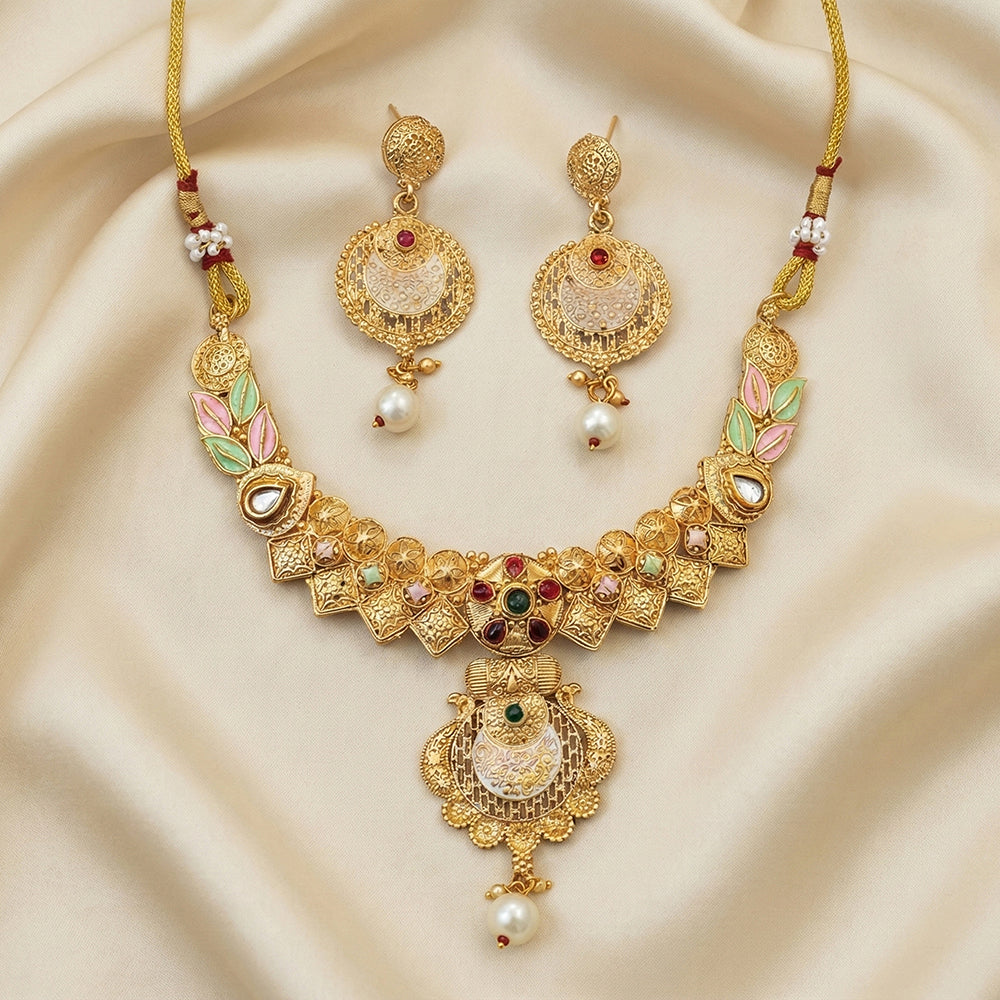 JS Fashion Premium Rajwadi Polish Pota Stone And Pearl Meenakari Necklace Set