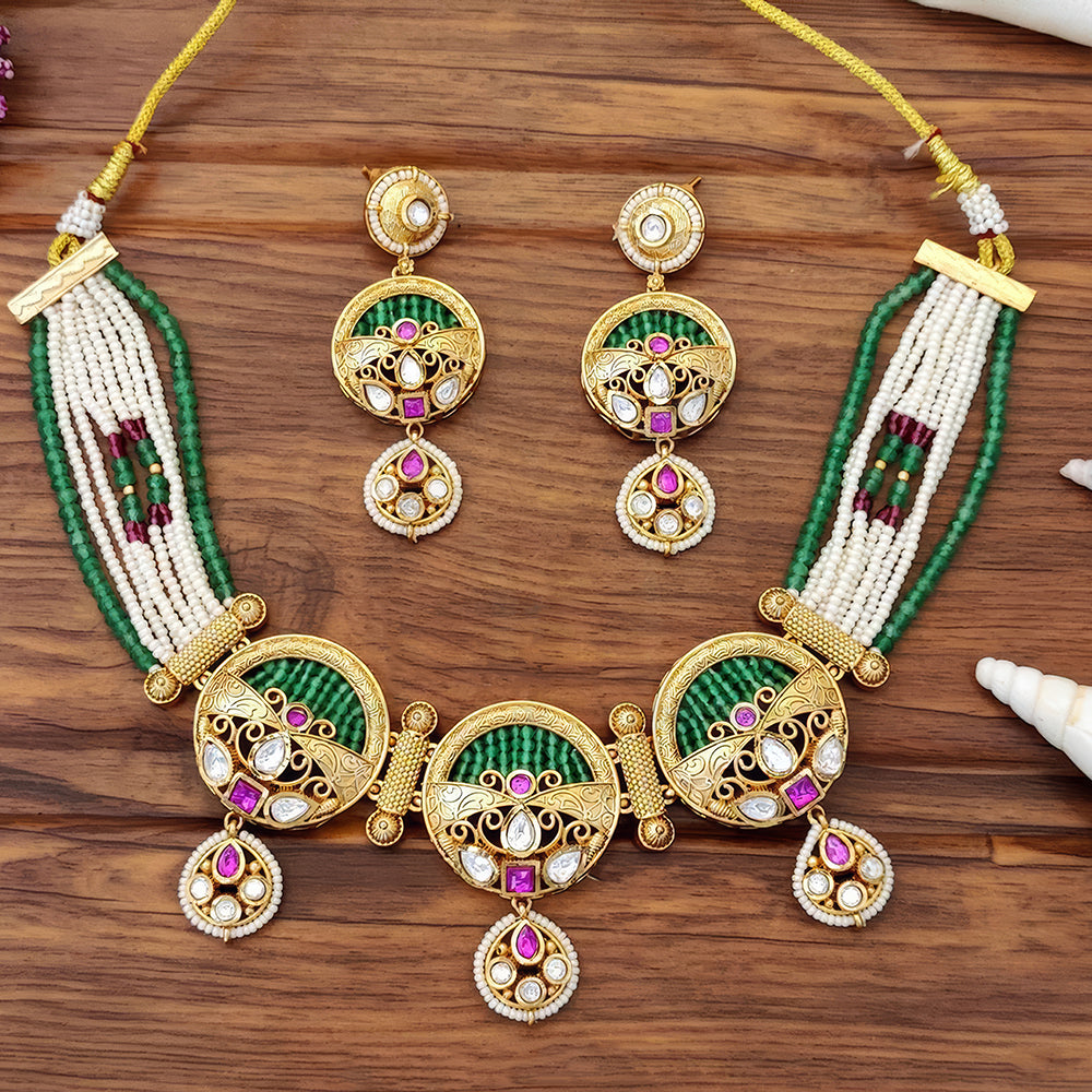 JS Fashion Premium Rajwadi Polish Pota Stone And Meenakari Pearl Necklace Set