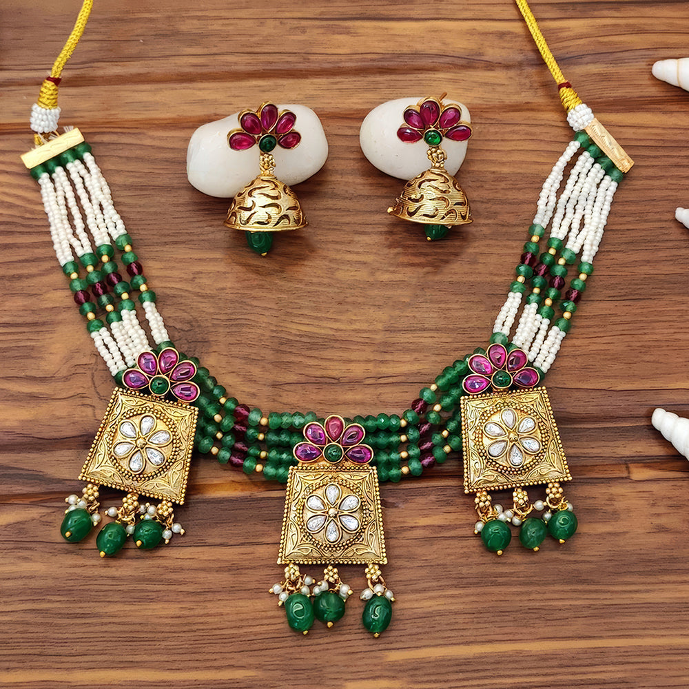 JS Fashion Premium Rajwadi Polish Pota Stone And Pearl Choker Necklace Set