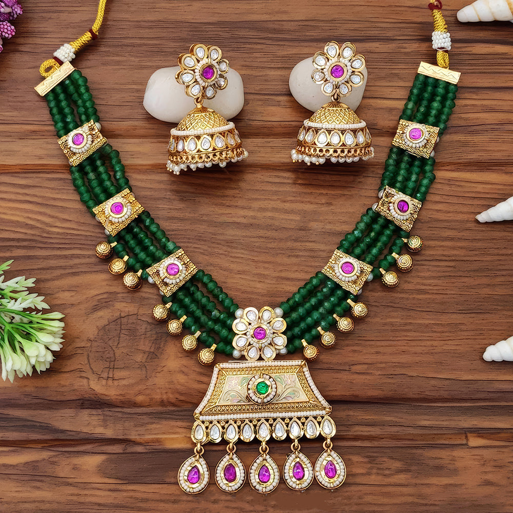 JS Fashion Premium Rajwadi Polish Pota Stone And Meenakari Pearl Necklace Set