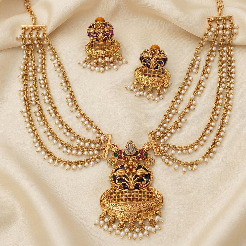 JS Fashion Premium Rajwadi Polish Pota Stone And Pearl Temple Necklace Set