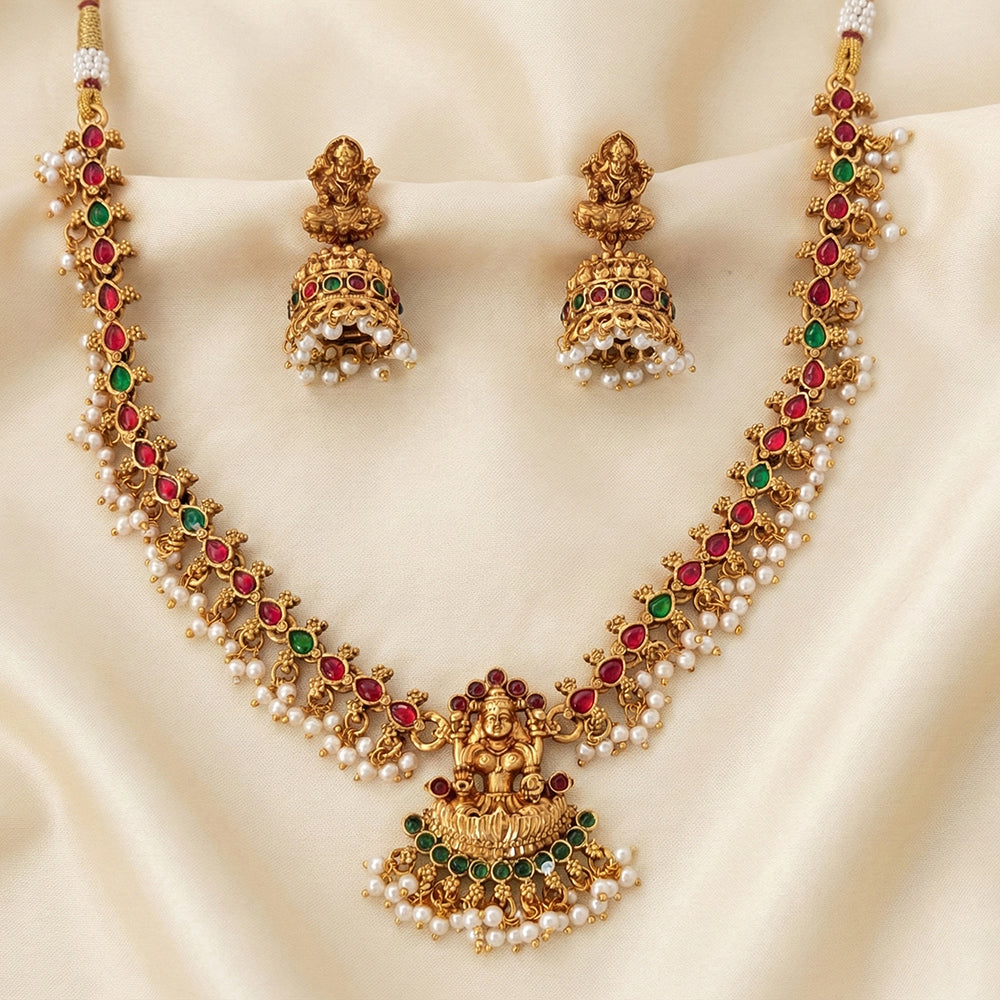 JS Fashion Premium Rajwadi Polish Pota Stone And Pearl Temple Necklace Set