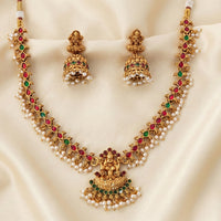 JS Fashion Premium Rajwadi Polish Pota Stone And Pearl Temple Necklace Set