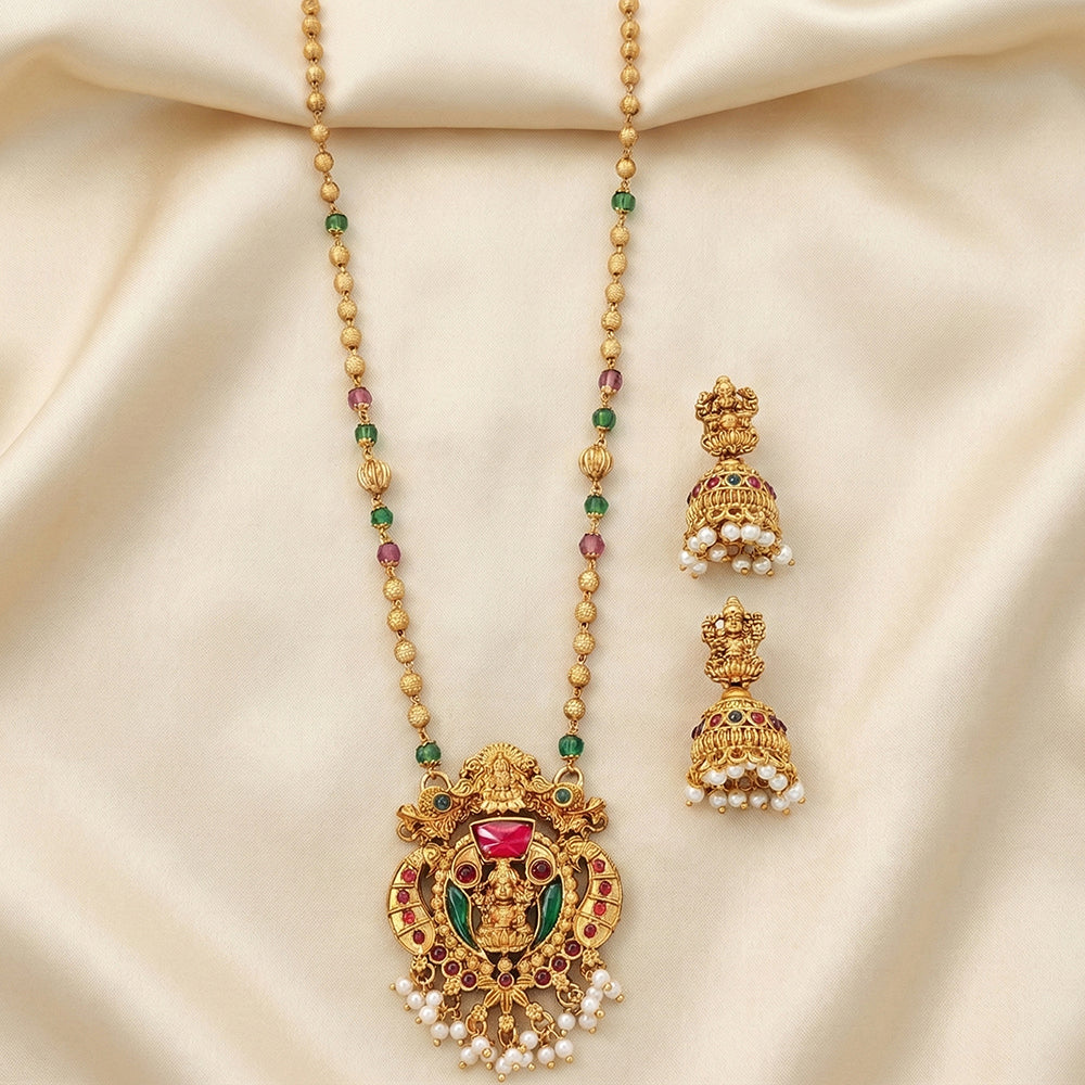 JS Fashion Premium Rajwadi Polish Pota Stone And Pearl Temple Necklace Set